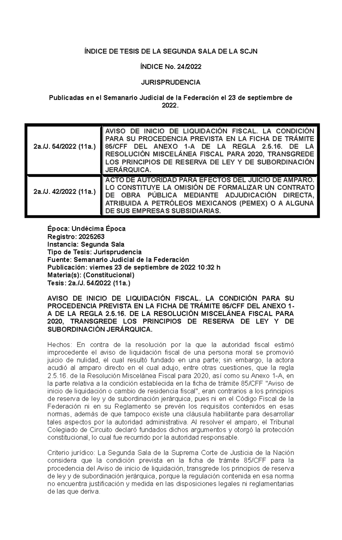 Índice 24-2022 Segunda SALA SCJN - ÍNDICE DE TESIS DE LA SEGUNDA SALA ...