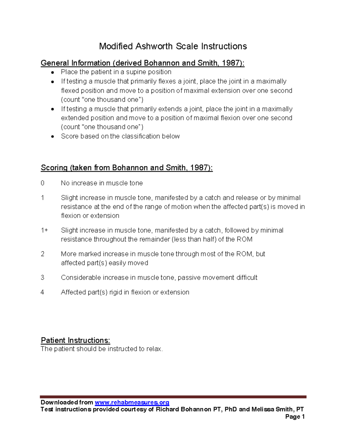 Modified Ashworth Scale Instructions - Downloaded From Rehabmeasures ...