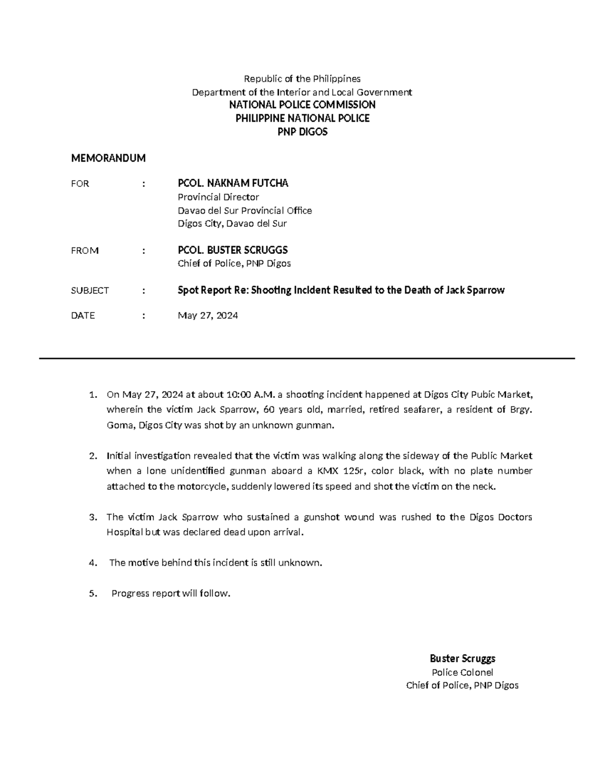 Spot Report - Republic of the Philippines Department of the Interior ...