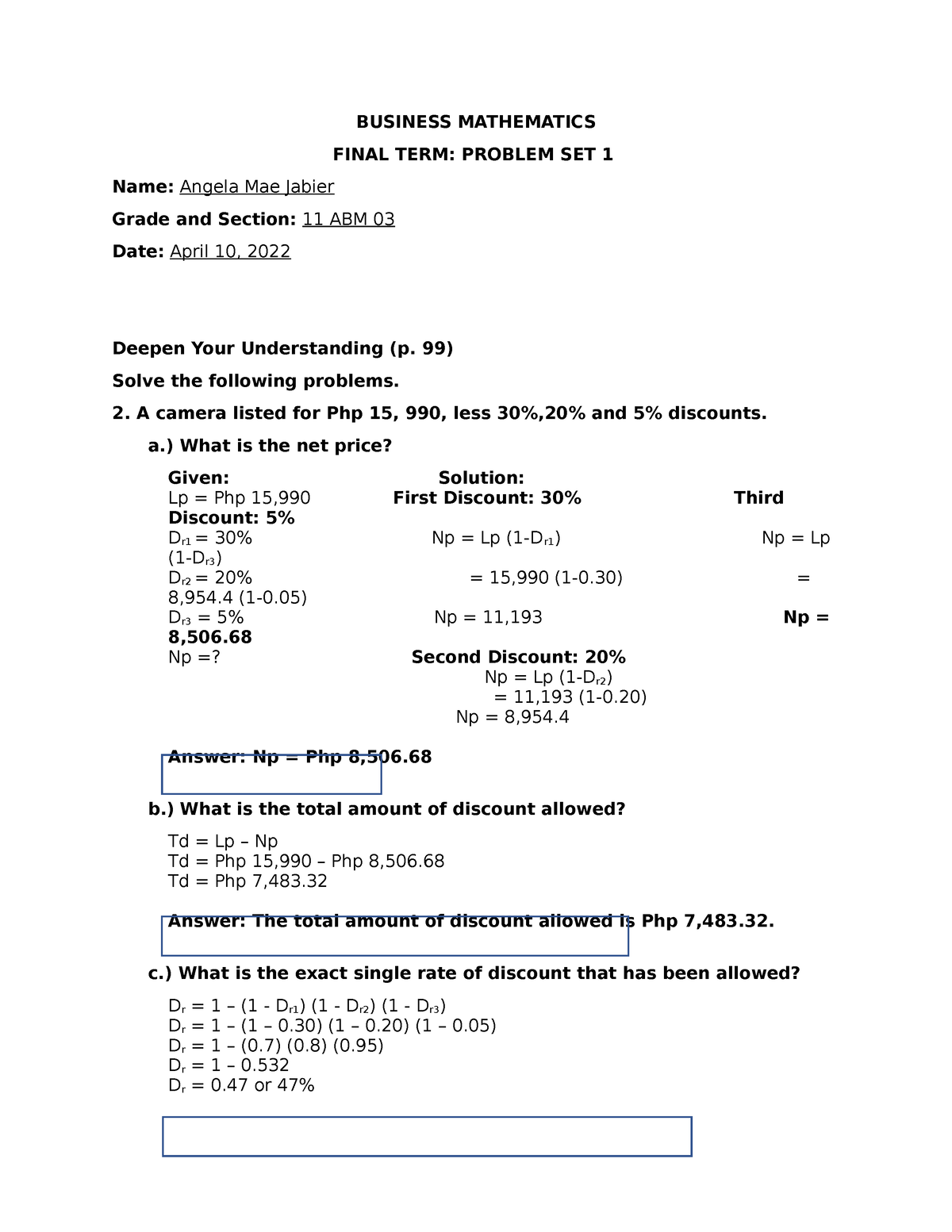 Business Mathematics Practice Set - BUSINESS MATHEMATICS FINAL TERM ...