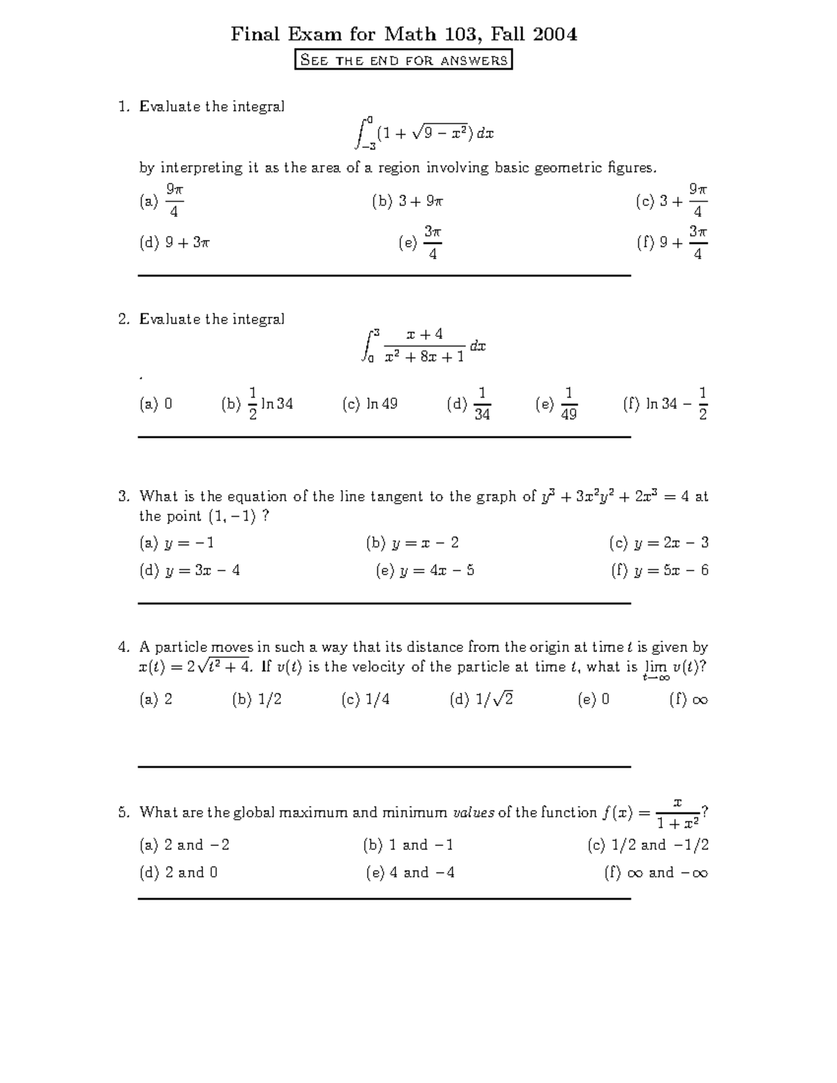 103F04post - Finals Practice Questions - Final Exam for Math 103, Fall ...