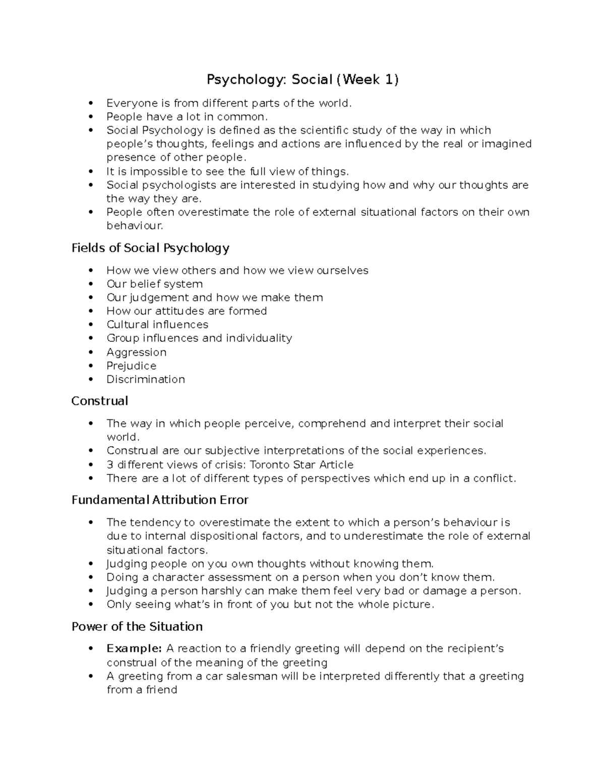 Psychology - Social (Week 1 Notes) - Psychology: Social (Week 1 ...