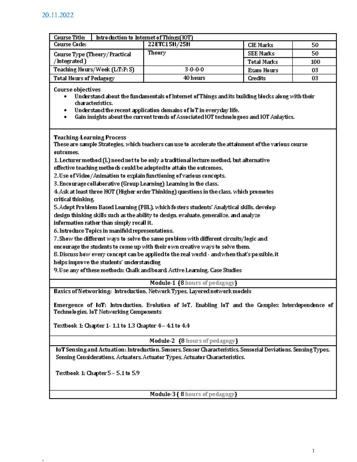 IOT syllabus - 1 Course Title: Introduction to Internet of Things(IOT ...