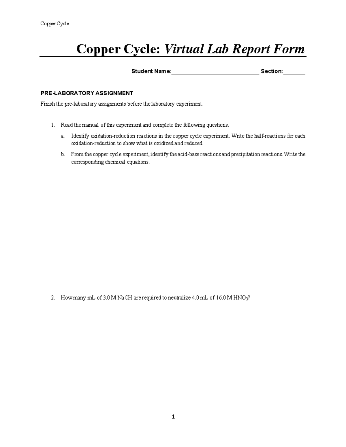 Lab Report Copper - Copper Cycle: Virtual Lab Report Form Student Name