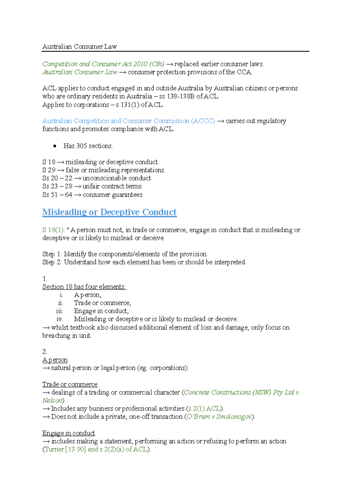 ACL - finalised notes - Summary Introduction To Law - Australian ...