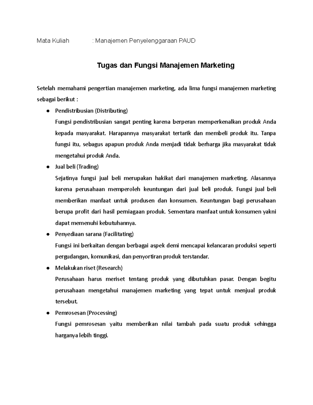 Tugas Dan Fungsi Manajemen Marketing - Mata Kuliah : Manajemen ...