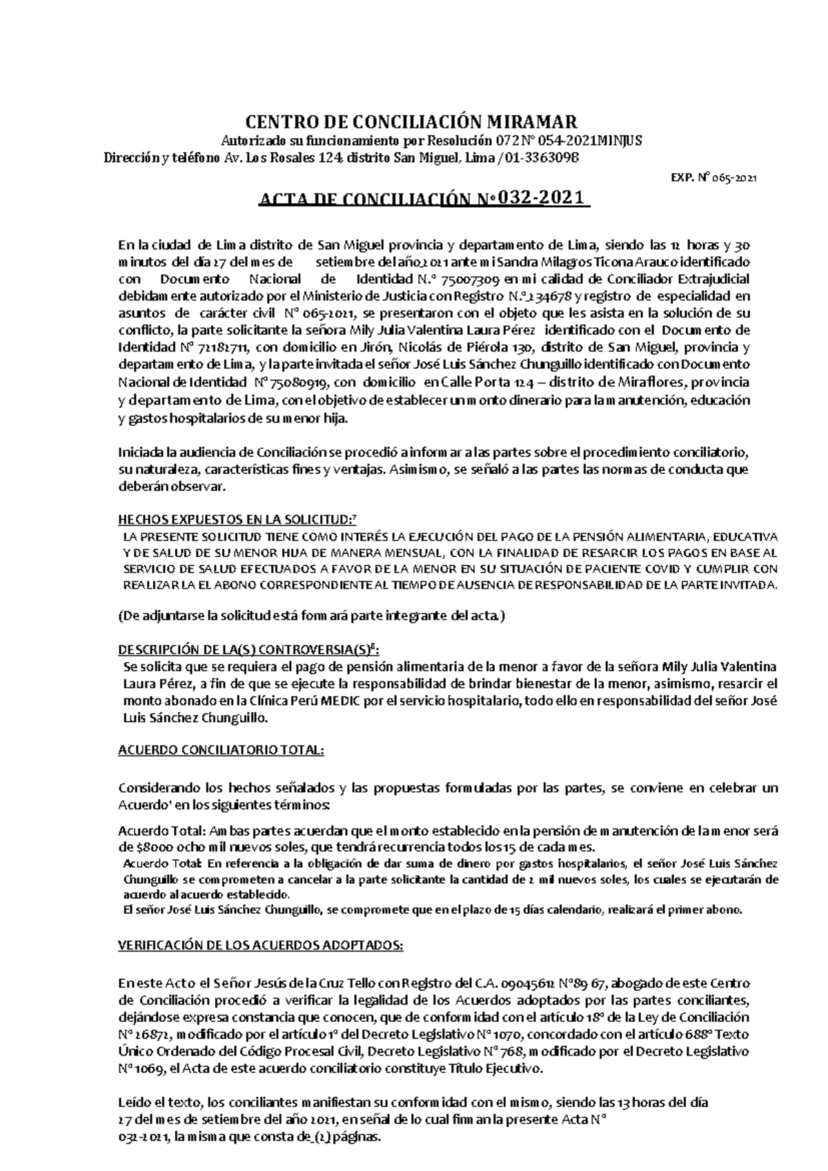 Modelo DE ACTA DE Conciliacion - CENTRO DE CONCILIACI”N MIRAMAR ...