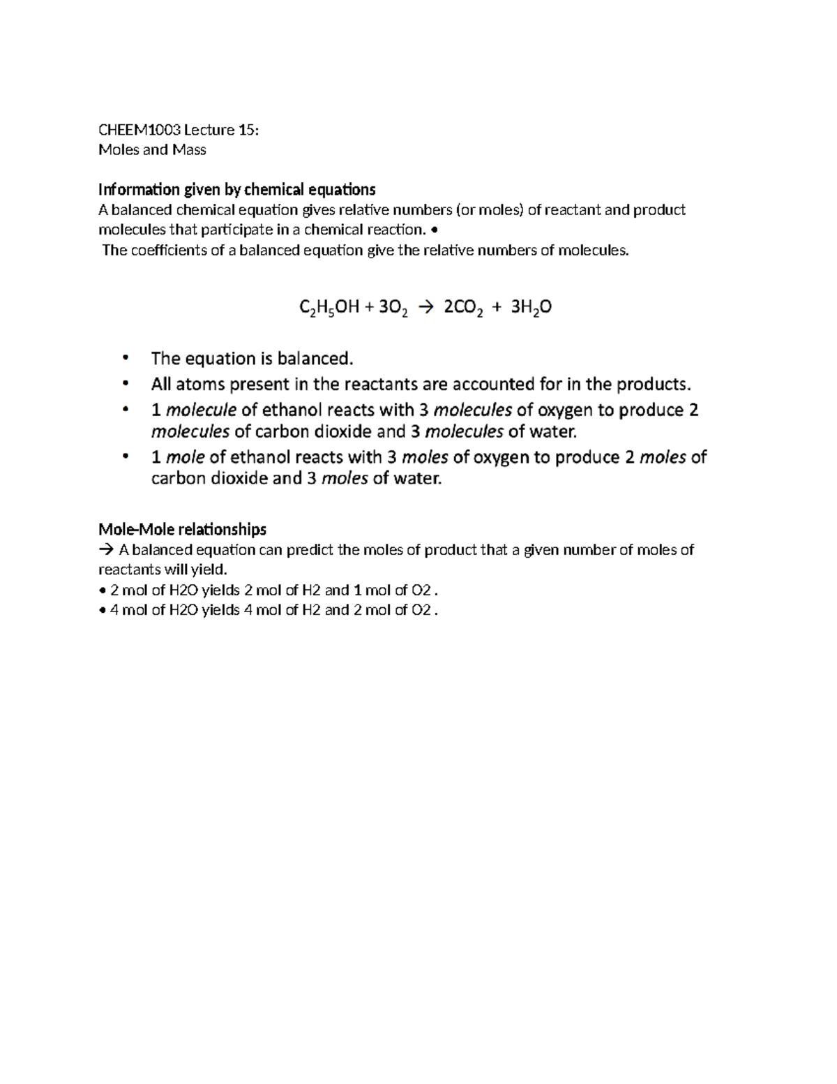 Cheem 1003 Lecture 15 - CHEEM1003 Lecture 15: Moles and Mass ...