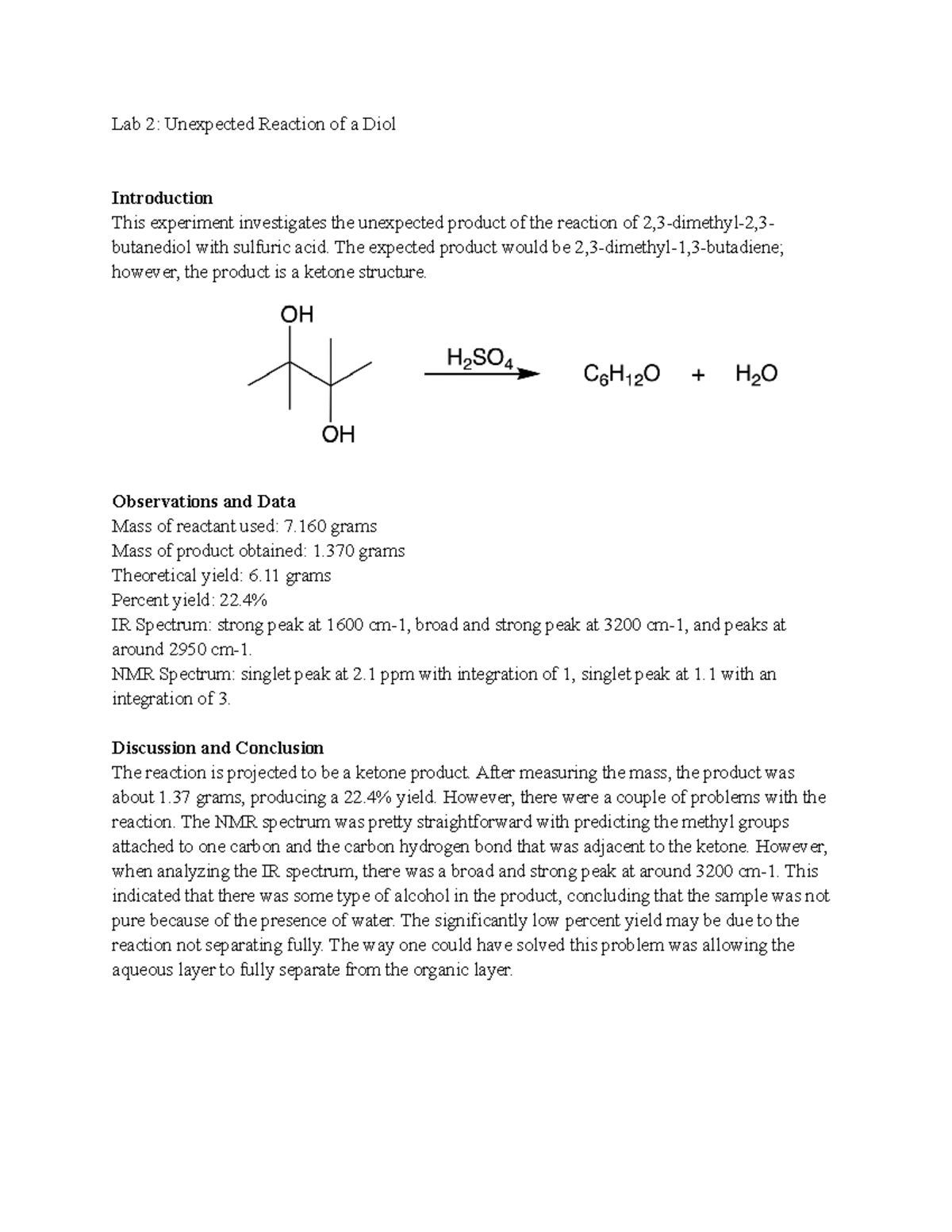 Lab Report Unexpected Reaction of a Diol - Lab 2: Unexpected Reaction ...