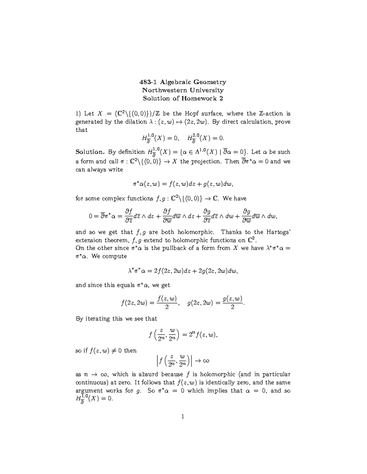 483-1 Algebraic Geometry Homework 2 solution - 483-1 Algebraic Geometry ...