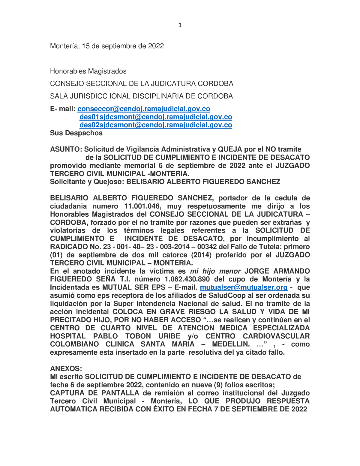 Solicitud Vigilancia Administrativa Y Queja Por No Apertura Incidente Desacato Sept 15 2022 7643