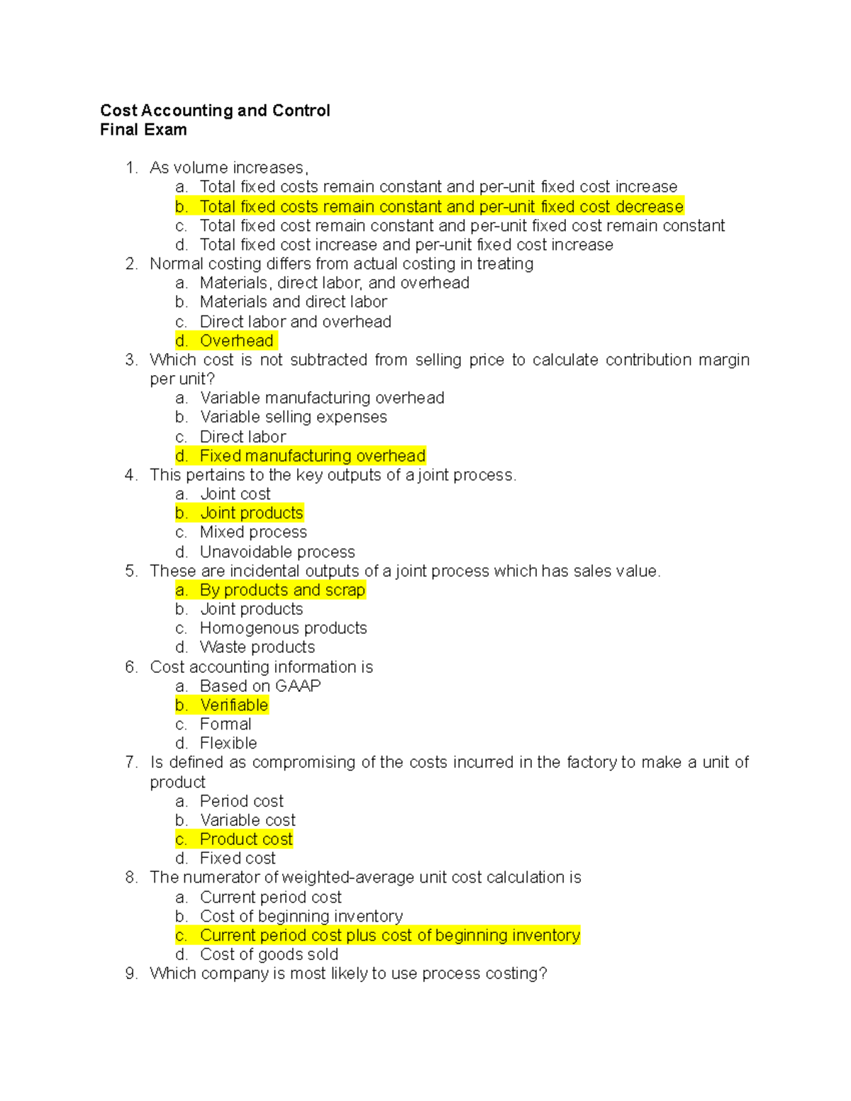 Cost Accounting and Control Final Exam Cost Accounting and Control