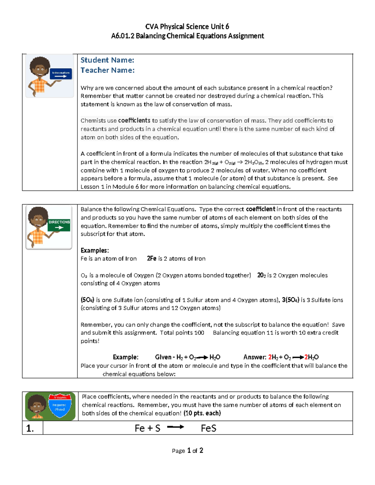 A6.01.2 Balancing Chemical Equations Assignment - CVA Physical Science ...