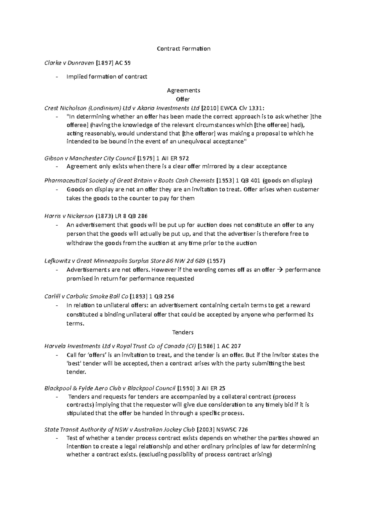 Contracts cases rule summaries - Contract Formation Clarke v Dunraven ...