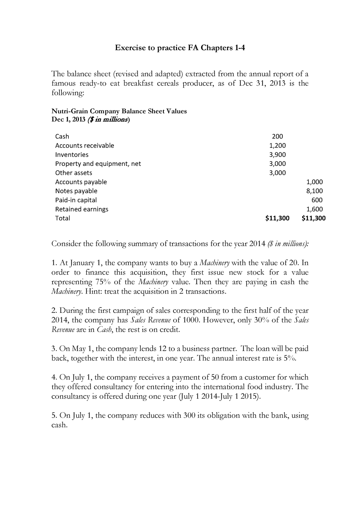 Mock midterm - Exercise to practice FA Chapters 1- The balance sheet ...