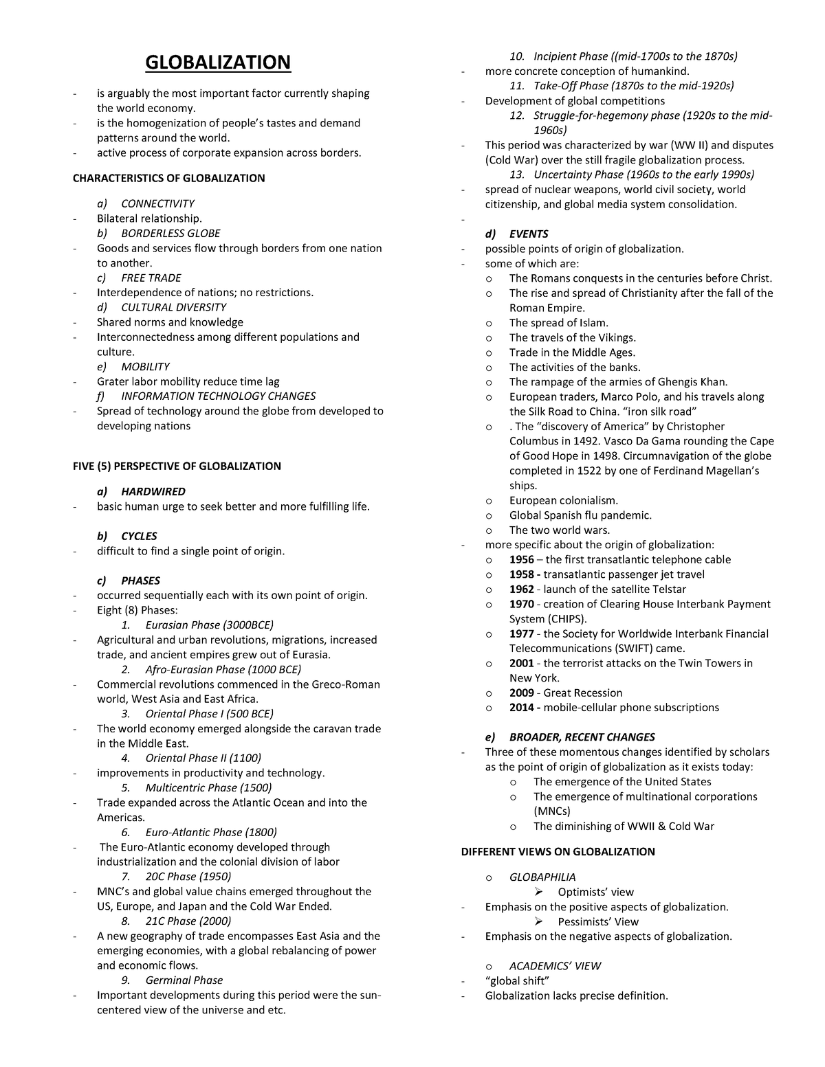 Socsci 032 Notes weeks 1-4 - GLOBALIZATION is arguably the most ...