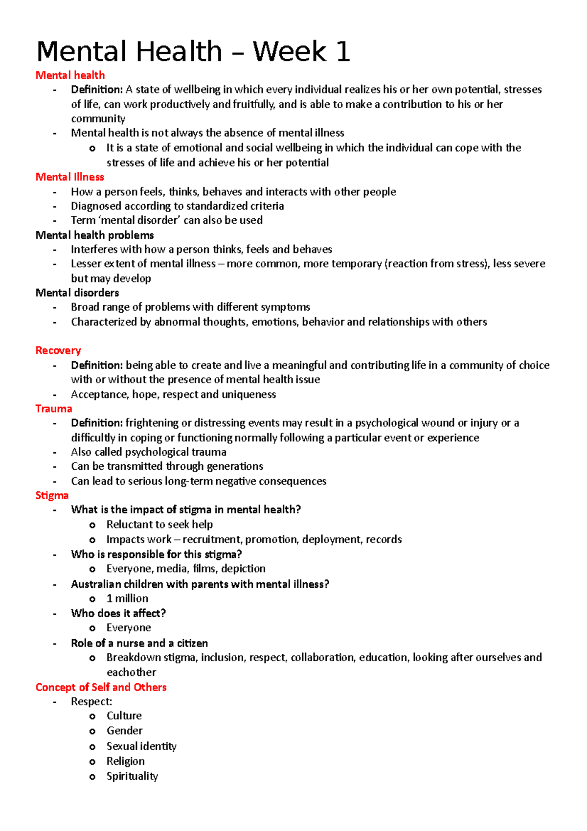 Mental Health 2 – Week 1 - NURS2027 - Notre Dame - Studocu