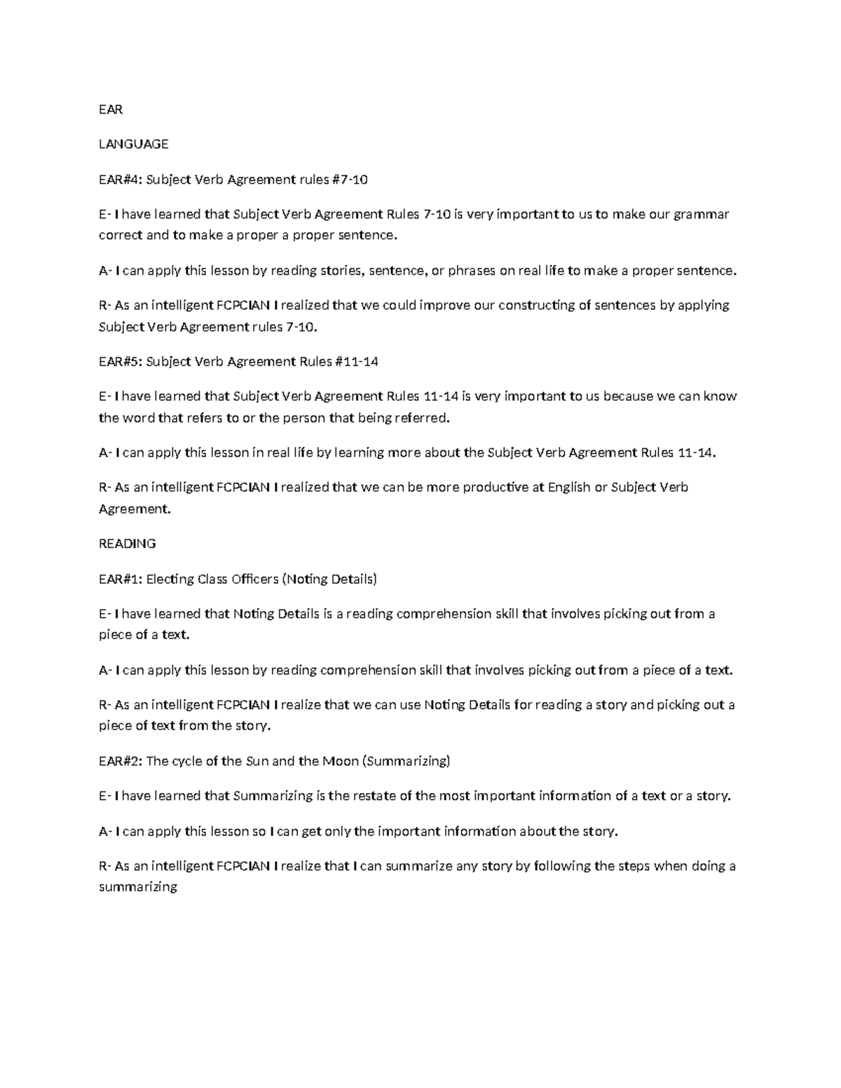 EAR - yfv89jmi - EAR LANGUAGE EAR#4: Subject Verb Agreement rules #7- E ...
