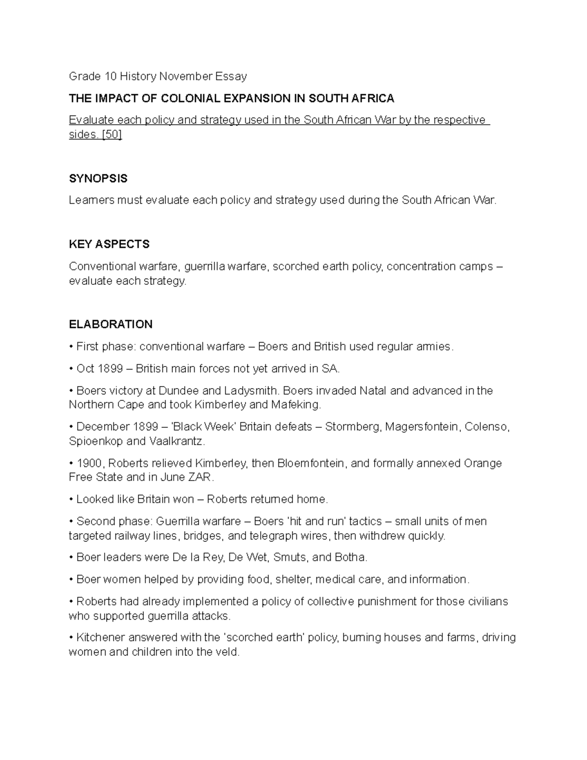 THE Impact OF Colonial Expansion IN South Africa Grade 10 History November essay Grade 10