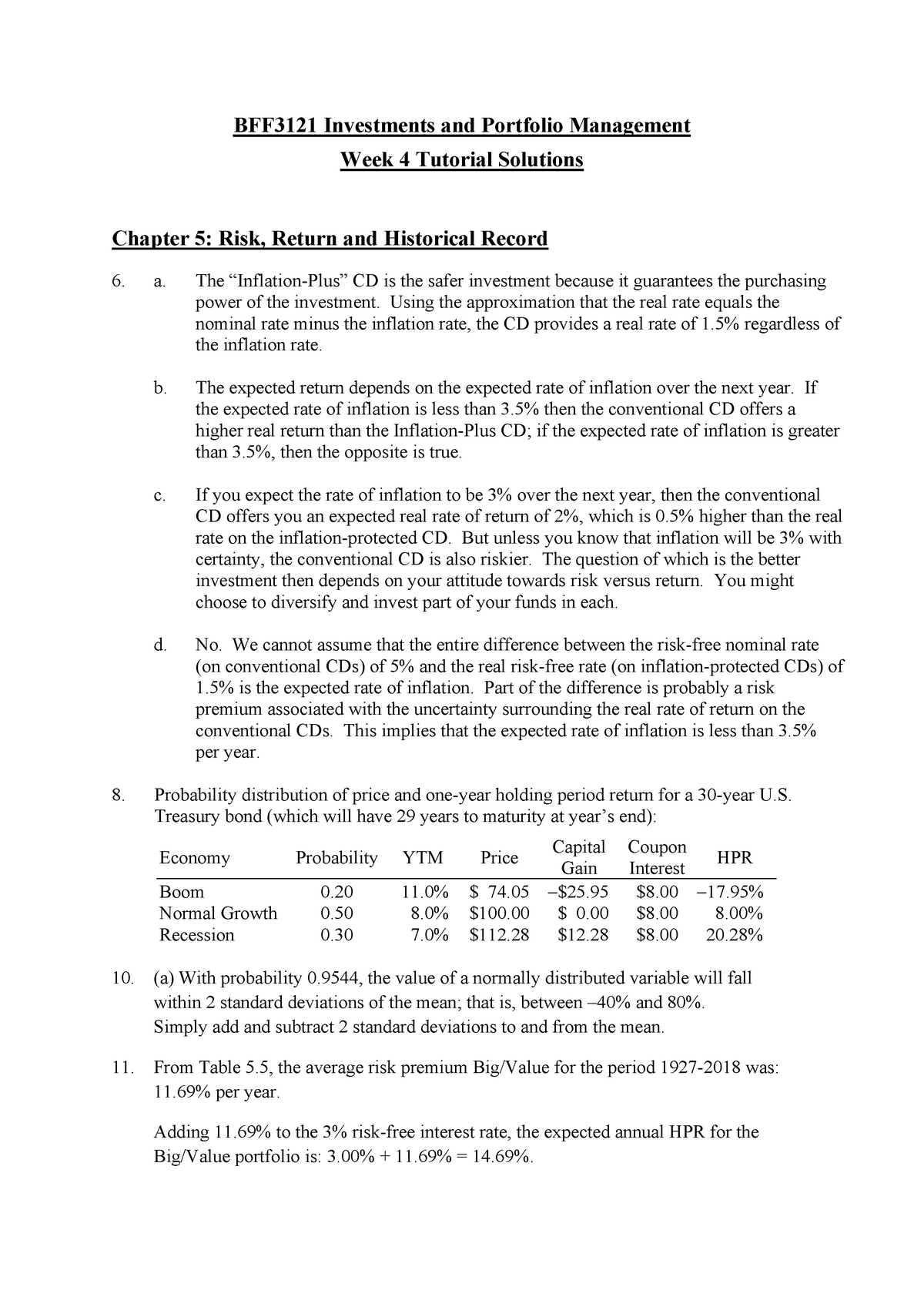 Week 04 Tutorial Solutions - BFF3121 Investments And Portfolio ...