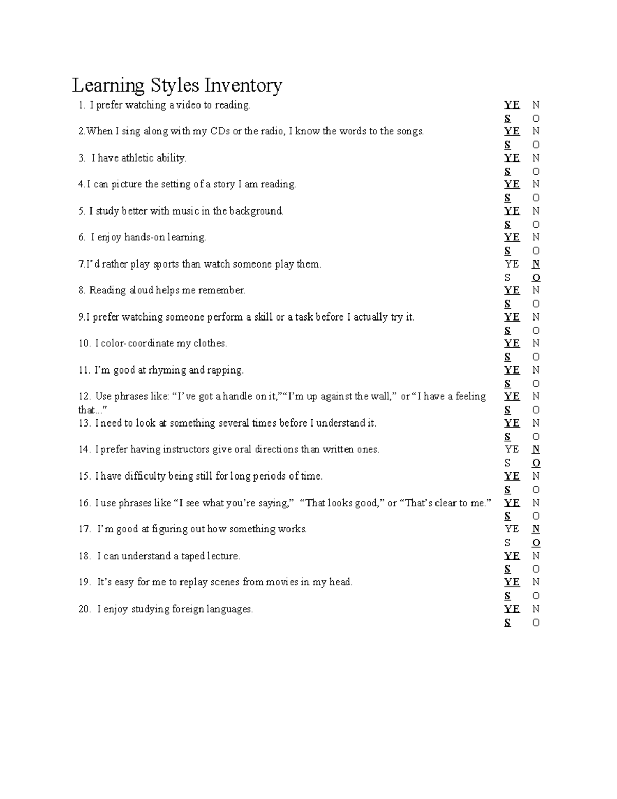 4a. Appendix 1 (Learning Styles Inventory Topic 1) - Learning Styles ...