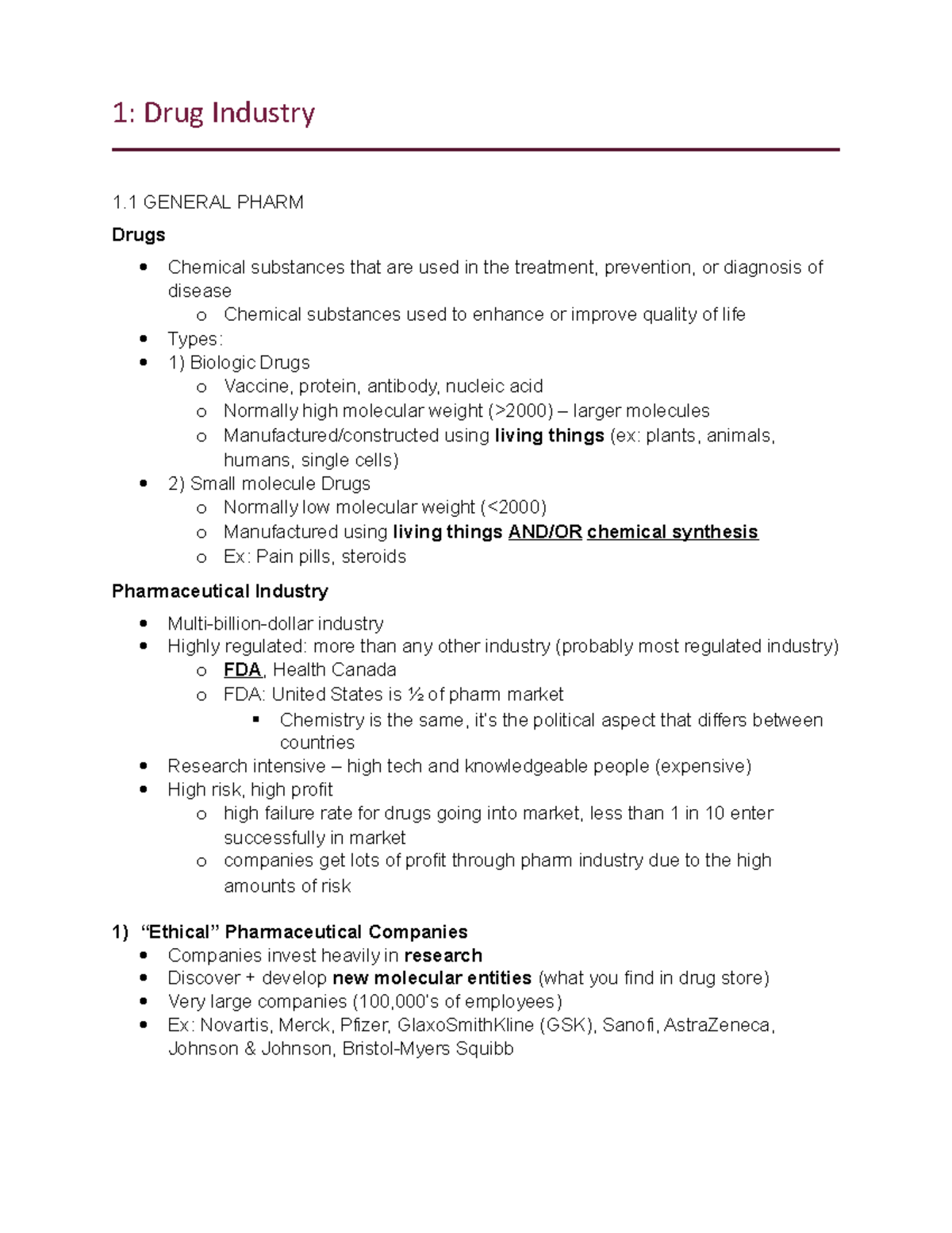1 Drug Industry - Lecture notes 1-2 - 1: Drug Industry 1 GENERAL PHARM ...