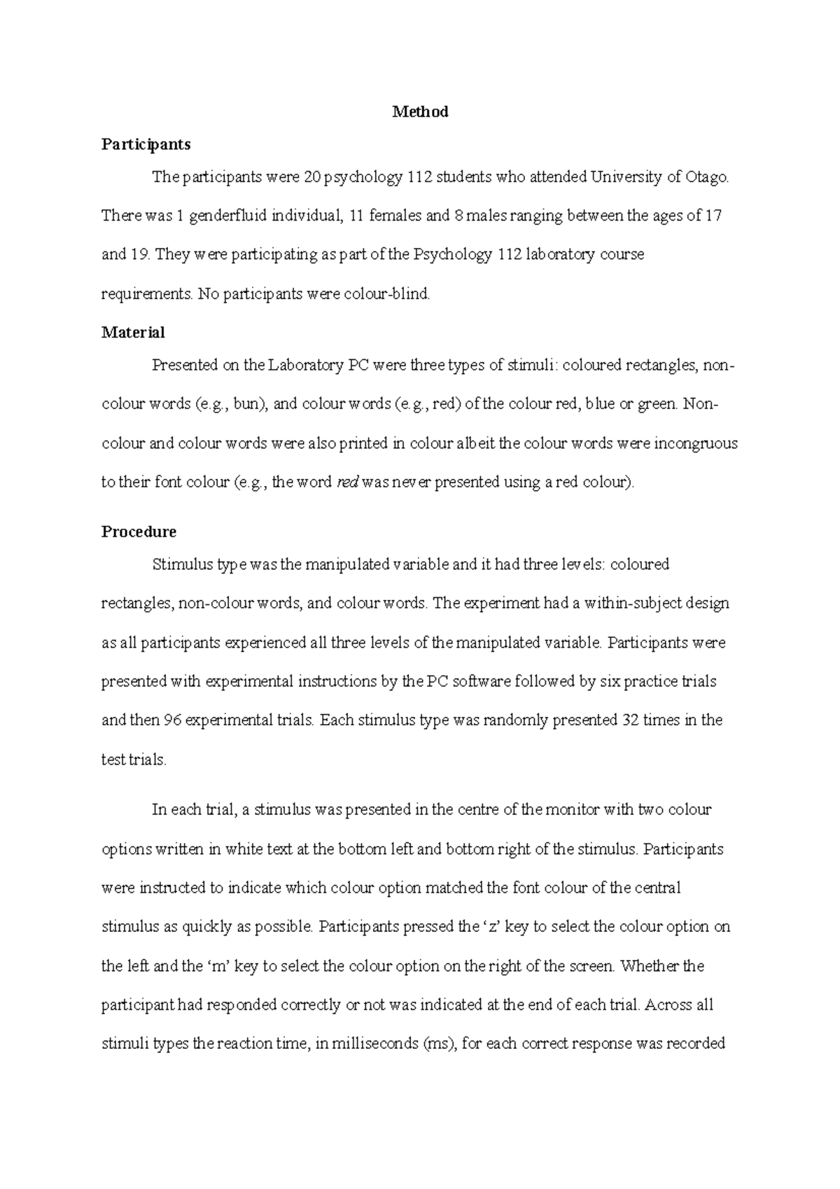 Stroop method lab 1 - Human Thought and Behaviour - University of Otago ...