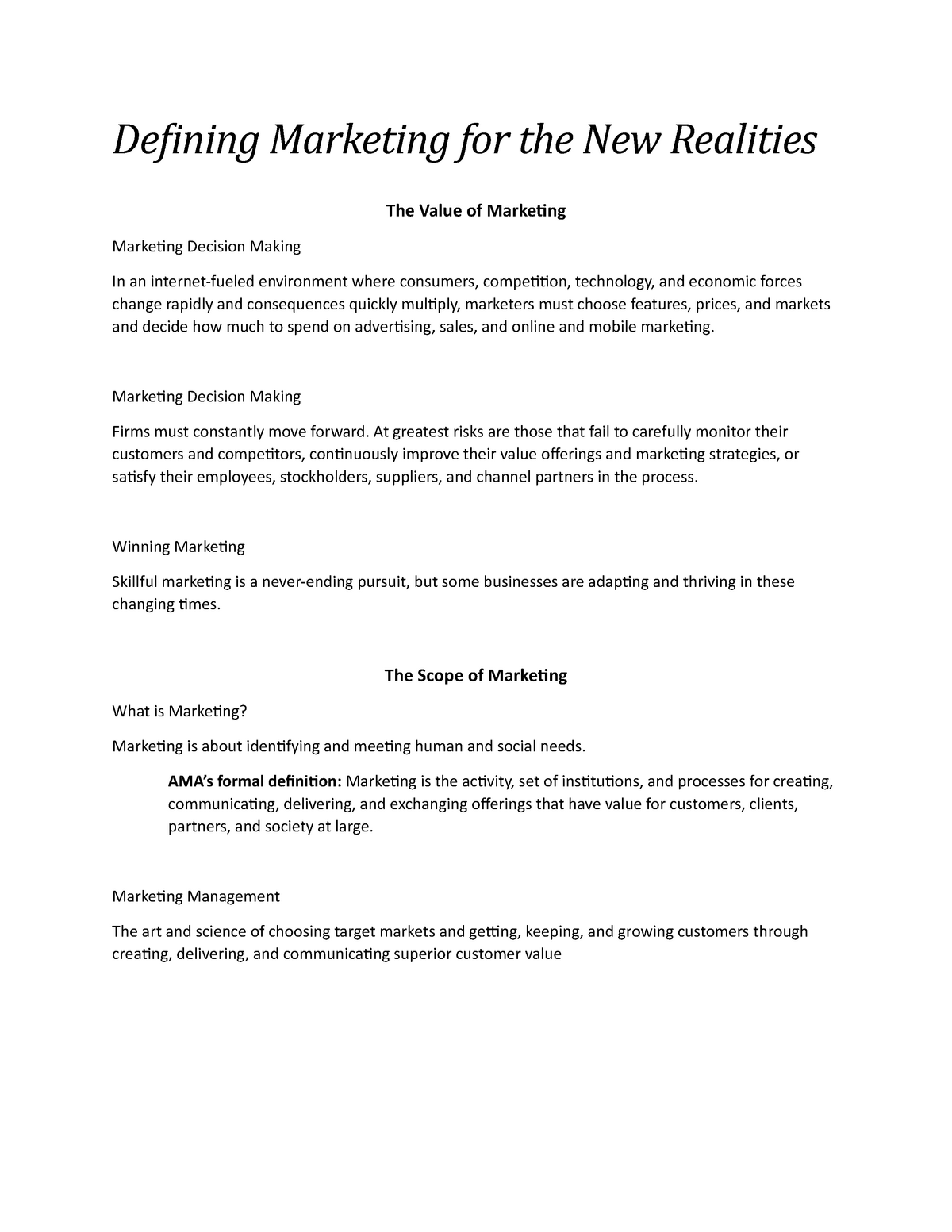 Marketing Management Lecture Notes 1 3 Defining Marketing For The 