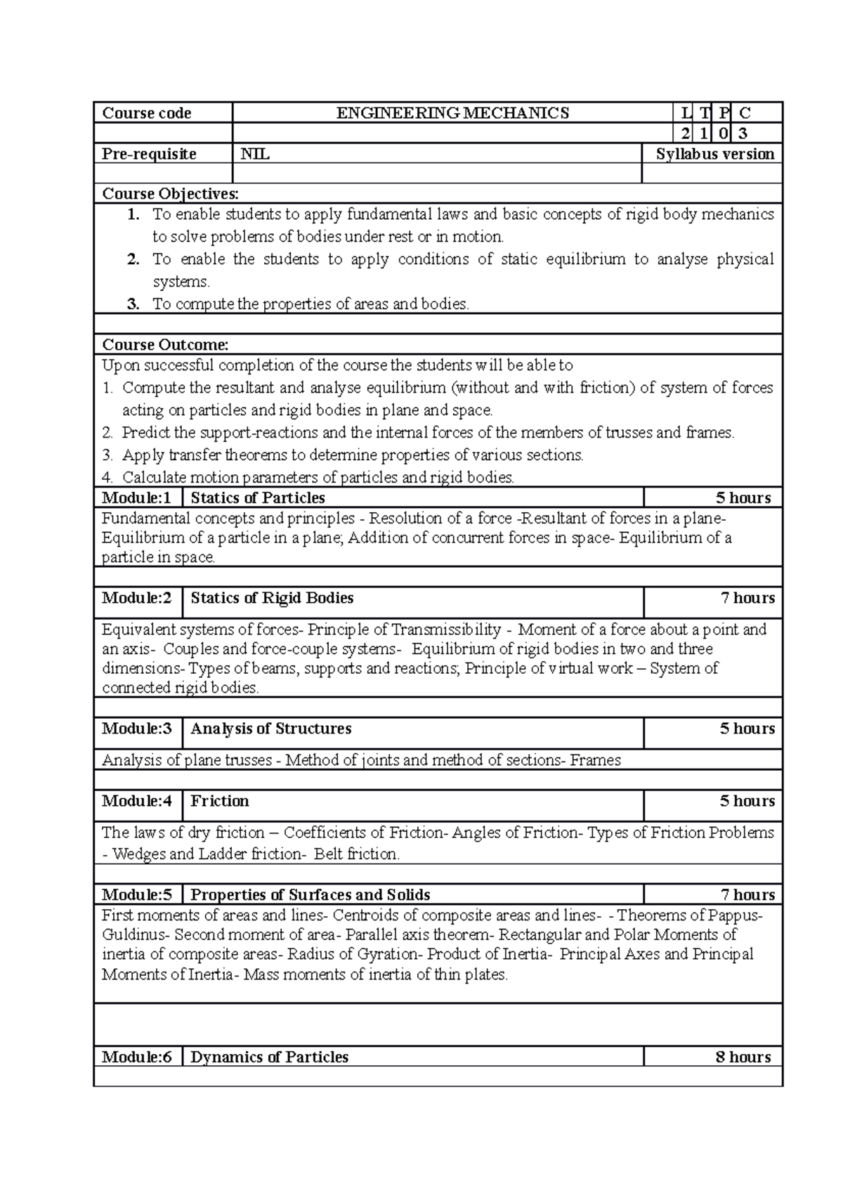 BMEE201L Engineering Mechanics important questions Course code