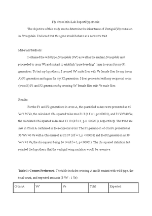 lab report three - Unknown Fly Cross Mini Lab Report Hypothesis: The ...