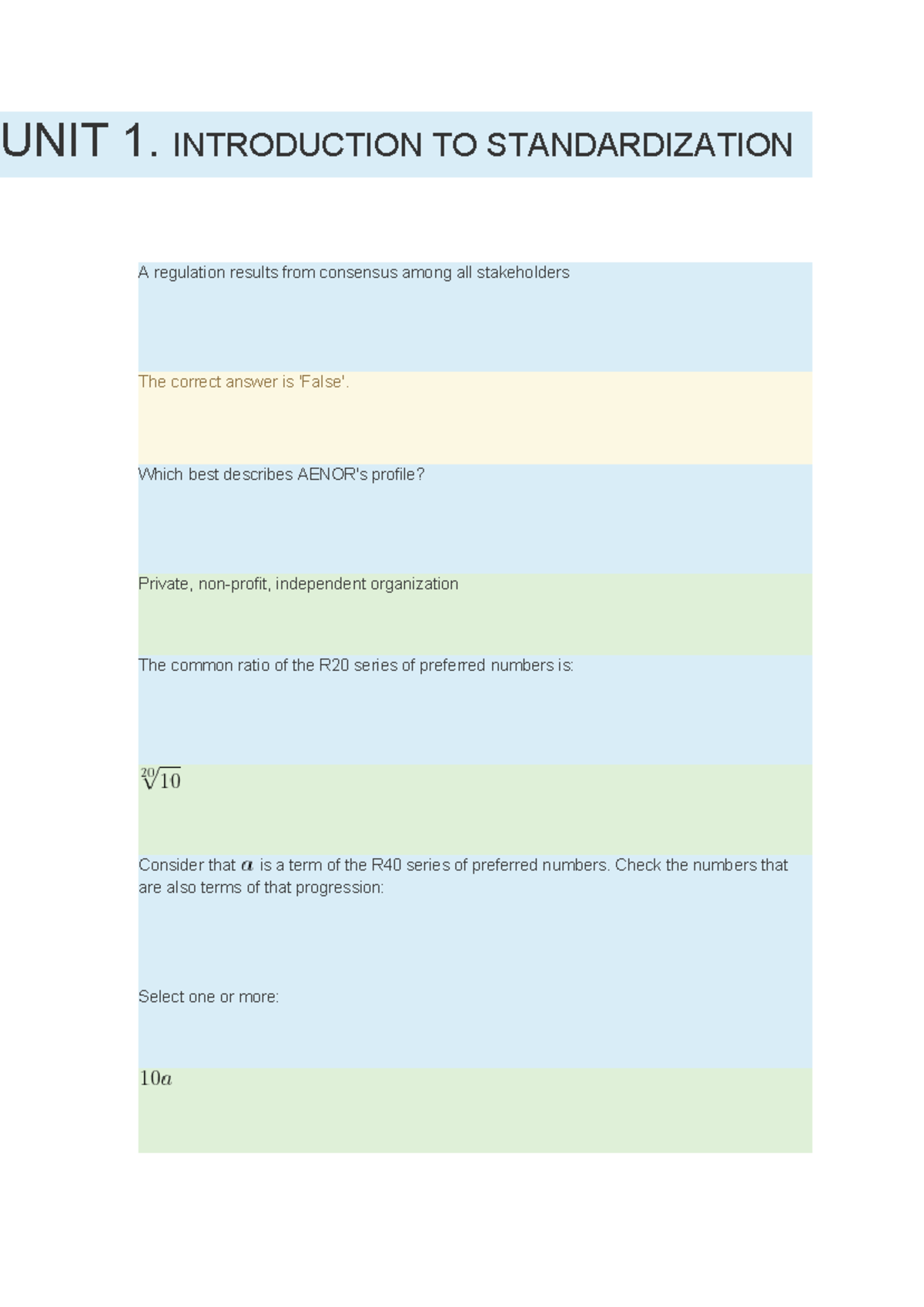 Quizz evaluación continua - UNIT 1. INTRODUCTION TO STANDARDIZATION A ...