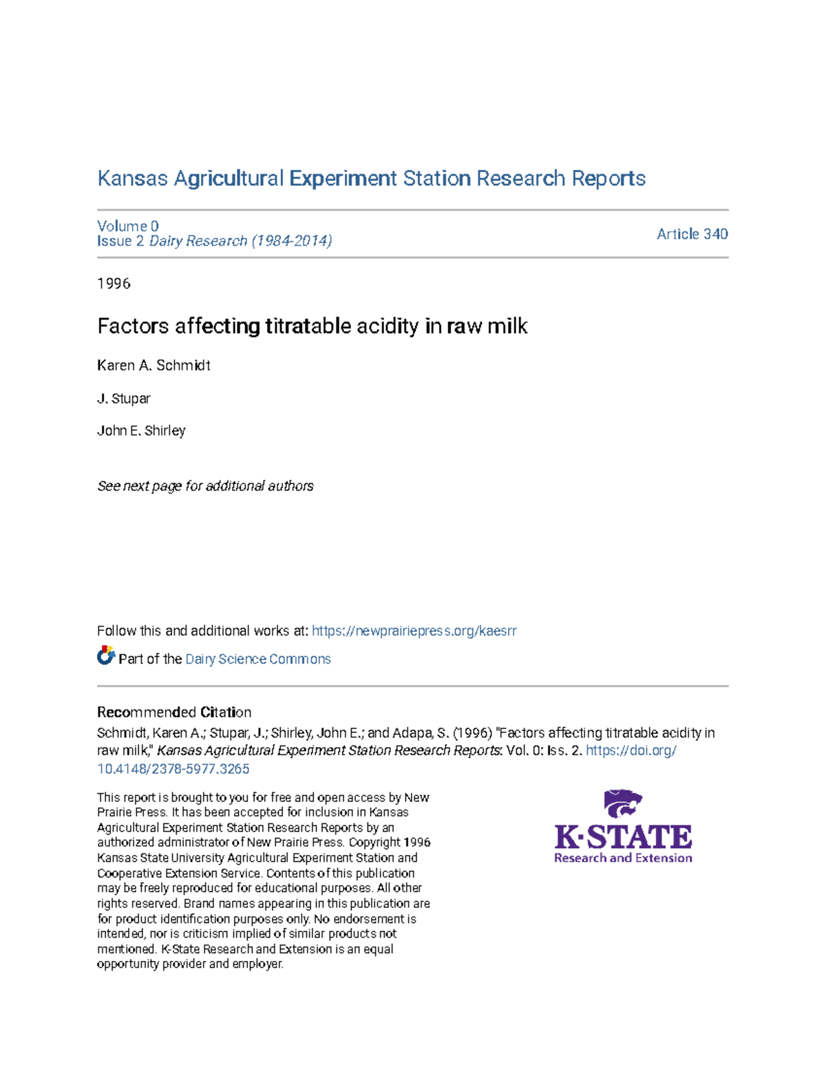 Factors affecting titratable acidity in raw milk Schmidt J. Stupar