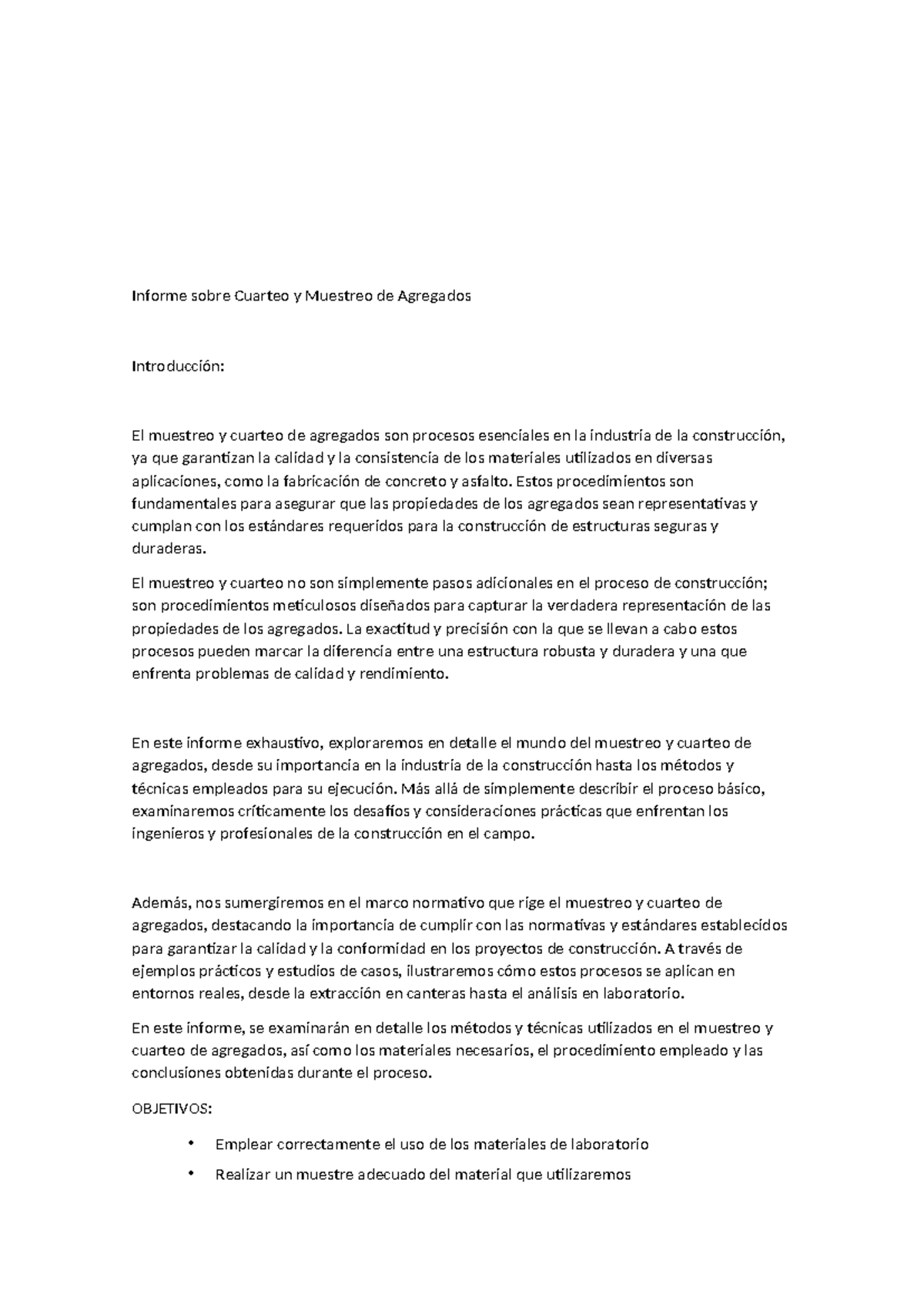 Universidad Andina DEL Cusco - Informe sobre Cuarteo y Muestreo de ...