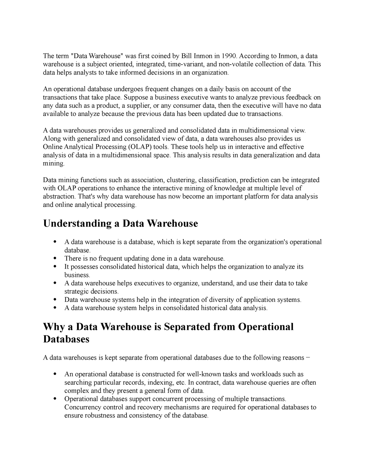 Data Warehousing Lecture Notes - The Term "Data Warehouse" Was First ...