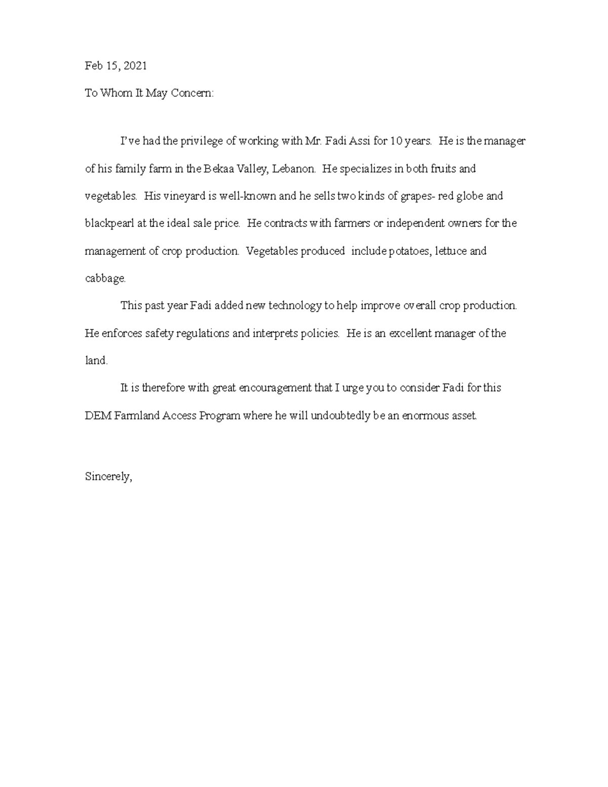 Letter of recommenda agri. sample 1 - Feb 15, 2021 To Whom It May ...