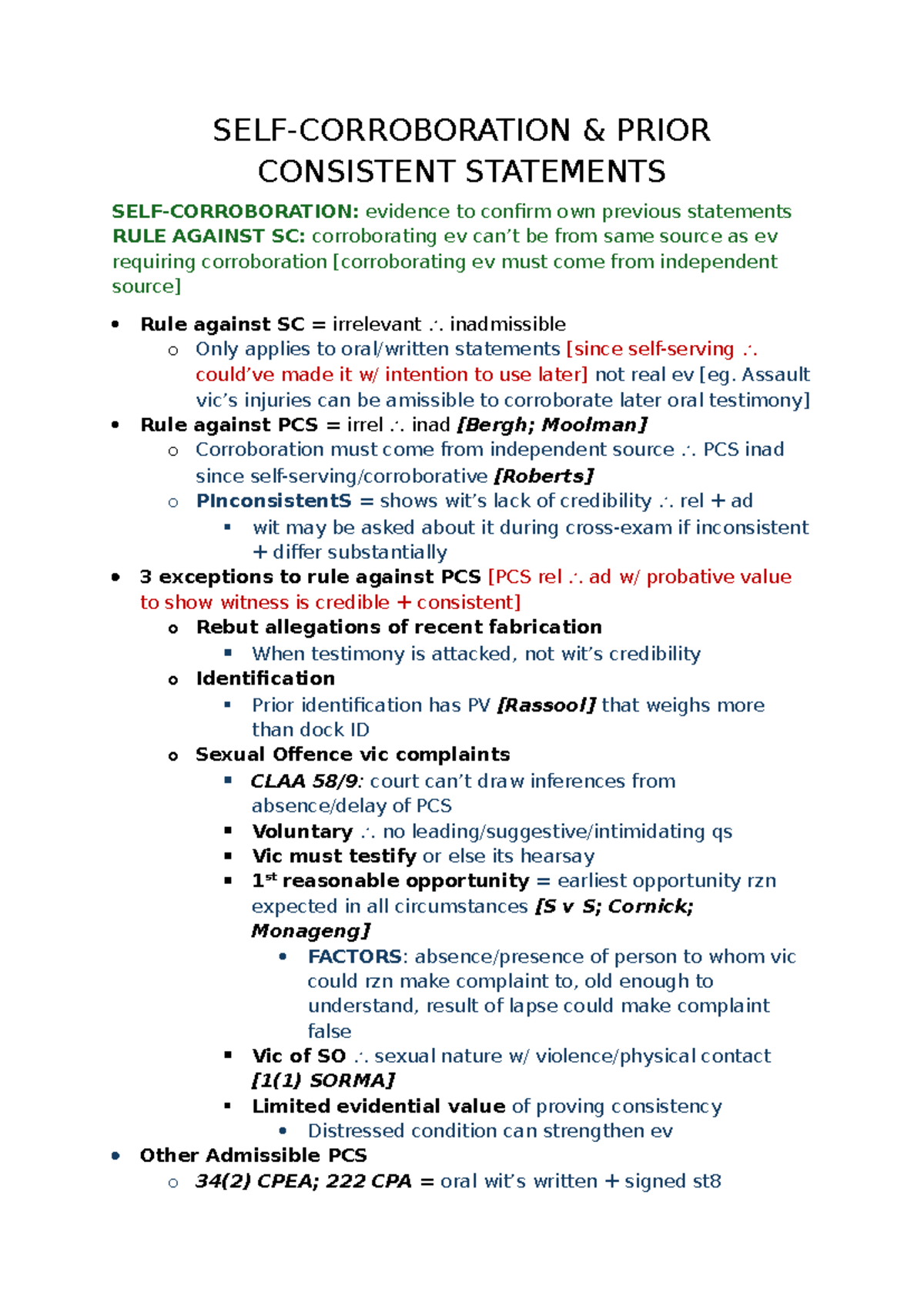 Notes for Evidence Exam - SELF-CORROBORATION & PRIOR CONSISTENT ...