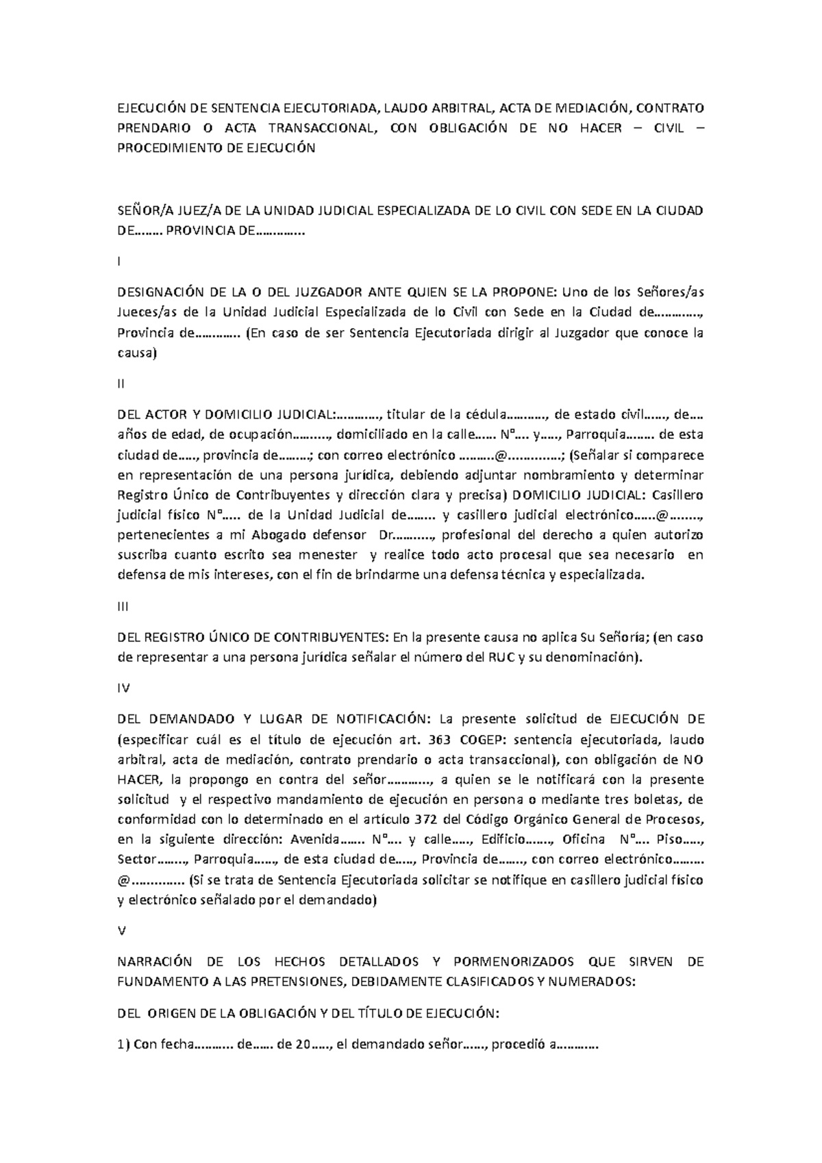 Modelo, Ejecución DE Sentencia Ejecutoriada, Laudo Arbitral, ACTA DE