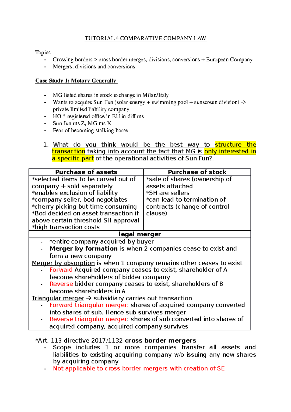 Tutorial 4 Comparative Company LAW - TUTORIAL 4 COMPARATIVE COMPANY LAW ...