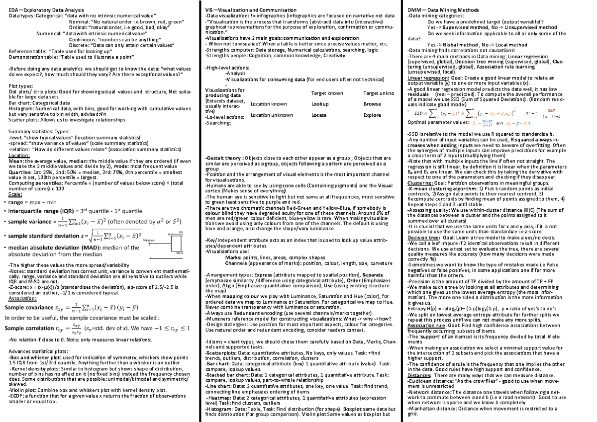 Summary sheet - EDA—Exploratory Data Analysis Data types: Categorical ...