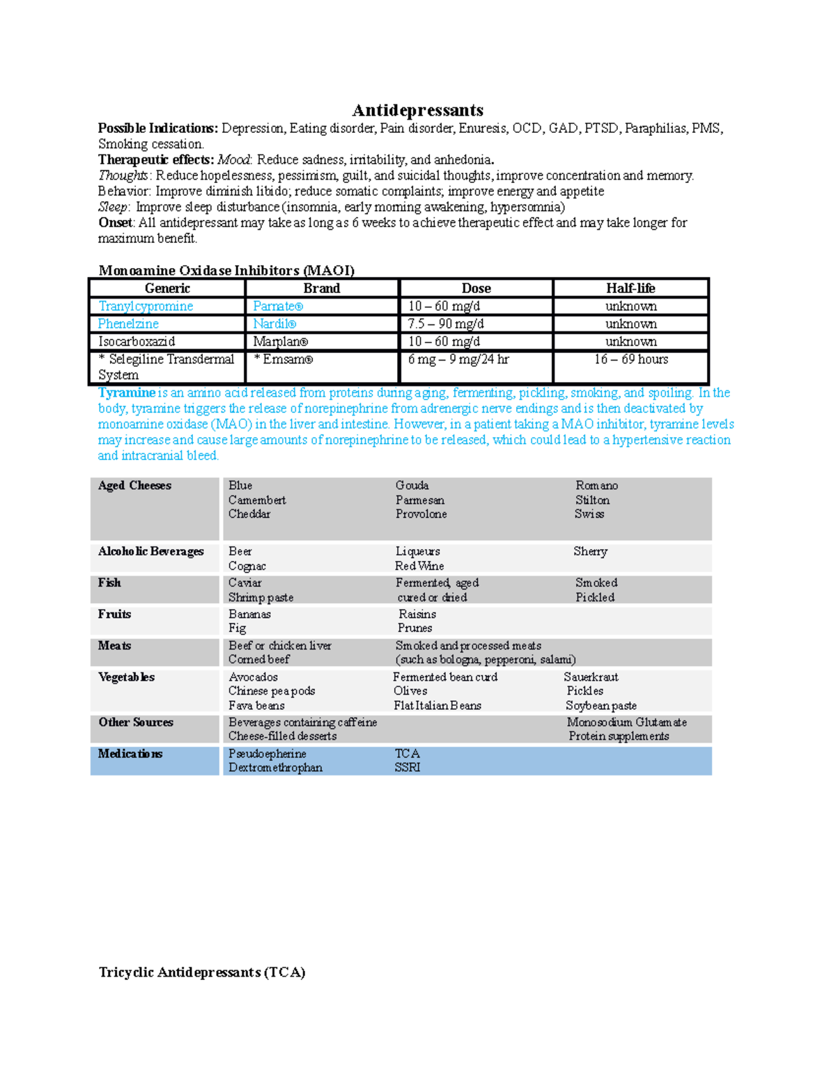 Antidepressants Medication Sheet - Antidepressants Possible Indications ...