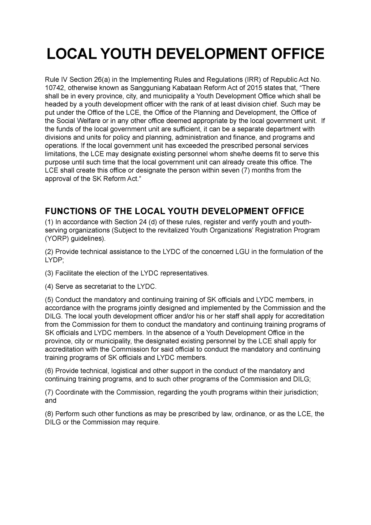 Local Youth Development Local Youth Development Office Rule Iv Section 26a In The 7220