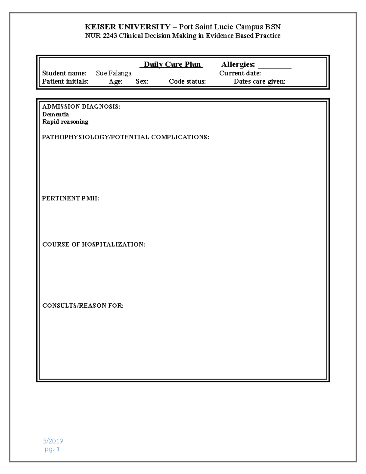 Daily Care Plan template - Student name: Sue Falanga Daily Care Plan ...