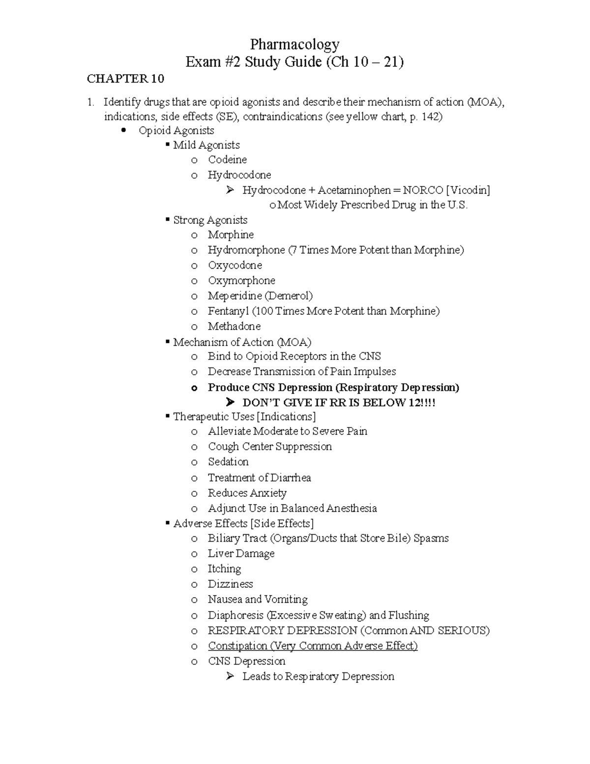 Pharmacology Exam 2 Study Guide - 142) Opioid Agonists Mild Agonists o ...