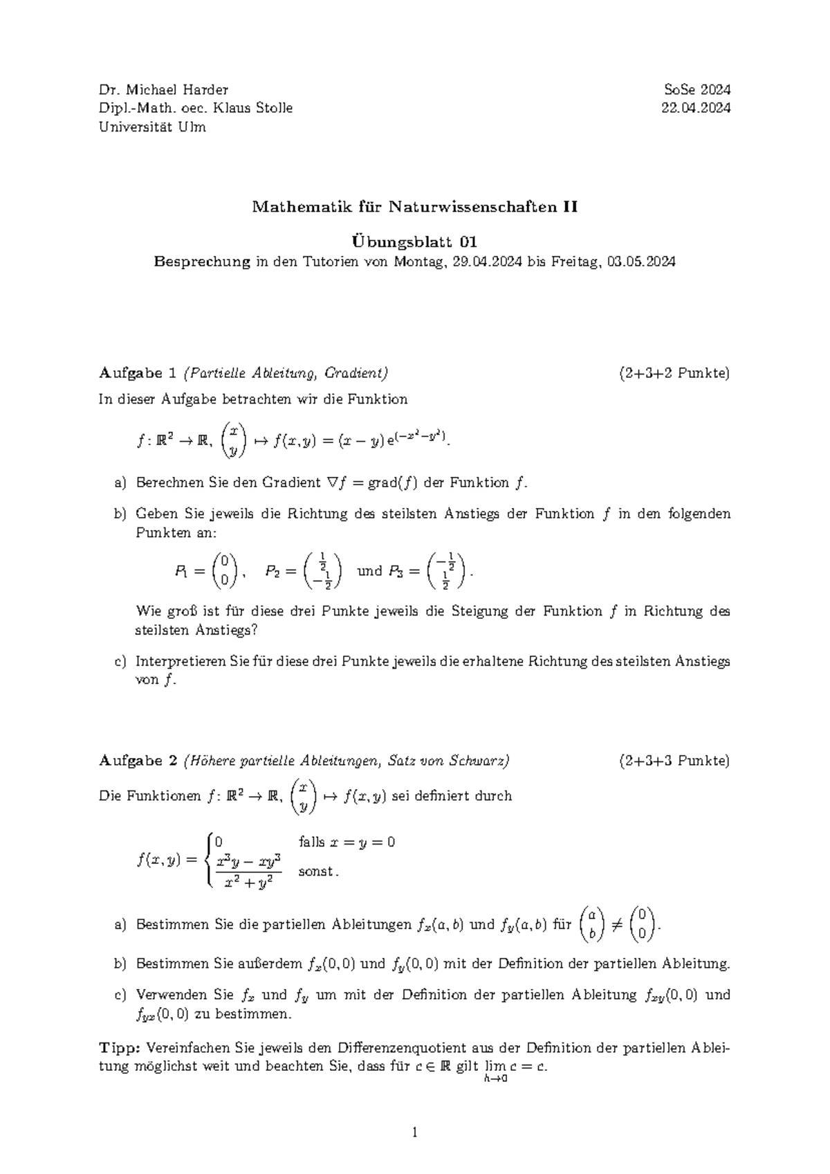 Blatt 01 - Dr. Michael Harder SoSe 2024 Dipl.-Math. oec. Klaus Stolle ...
