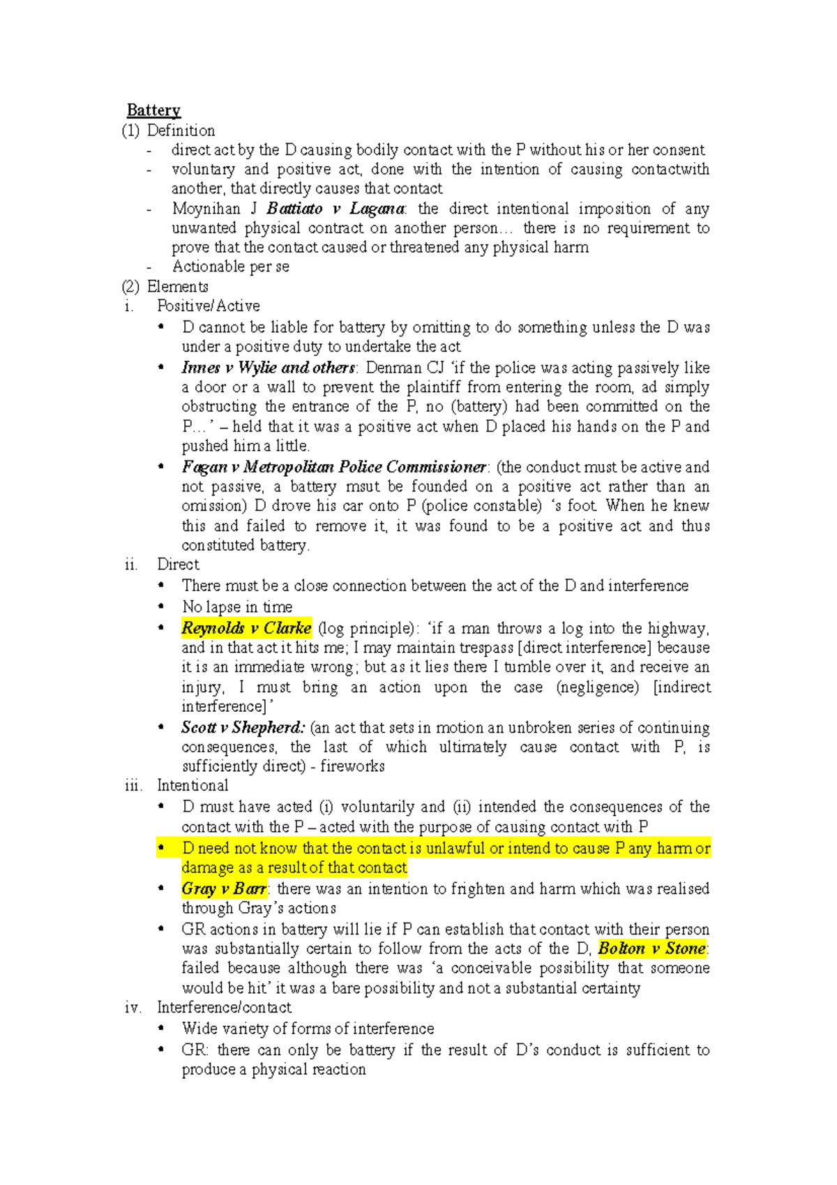 Lecture notes, includes intentional torts only - Battery (1) Definition ...