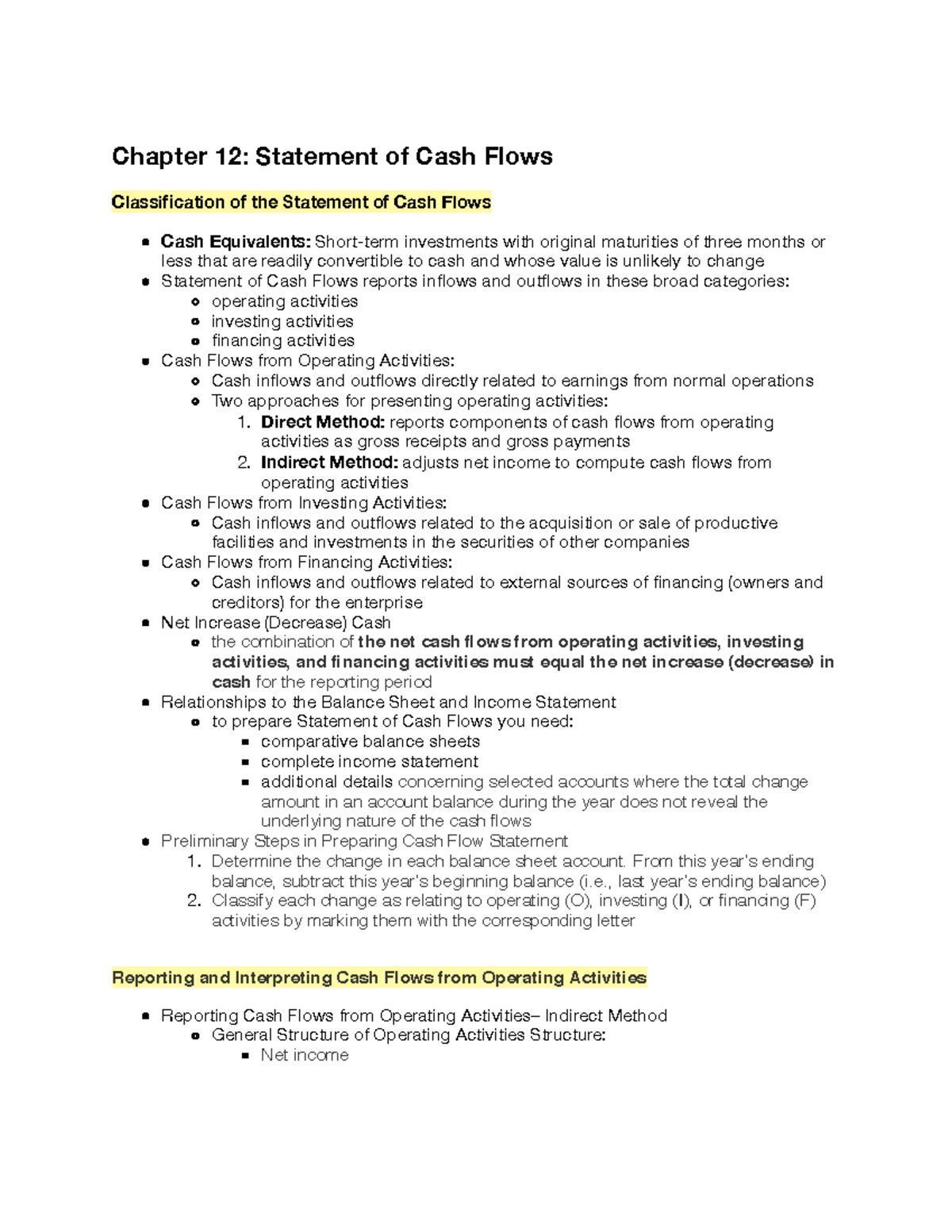 Chapter 12 Statement Of Cash Flows Direct Method Reports Components