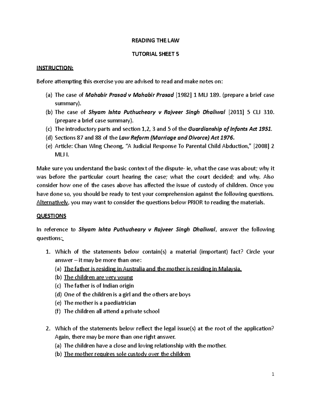Tutorial Sheet 5 Reading the Law Legislation, Case Secondary Source