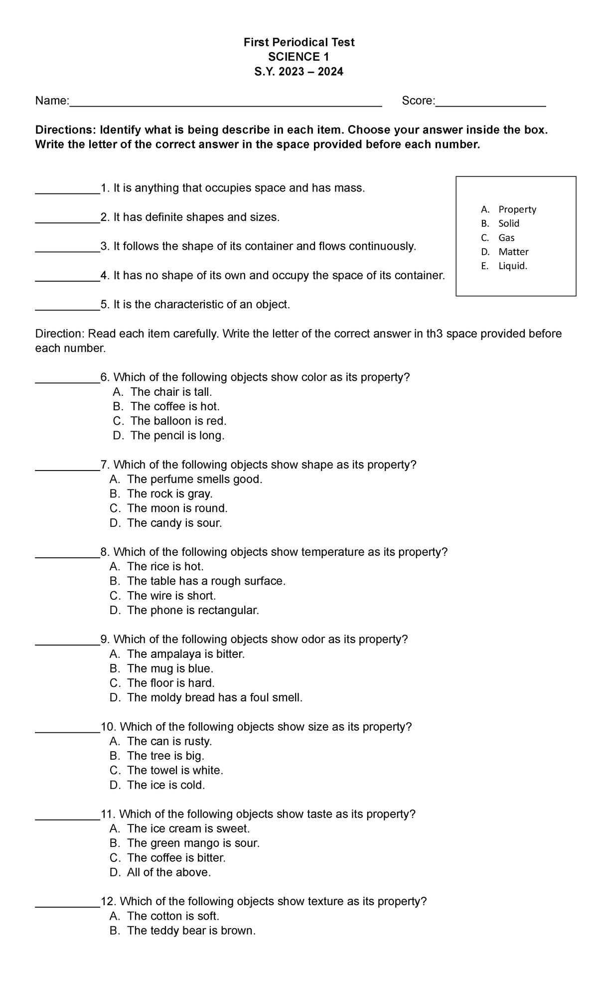 Science 1 - Review Test 1Q - First Periodical Test SCIENCE 1 S. 2023 ...