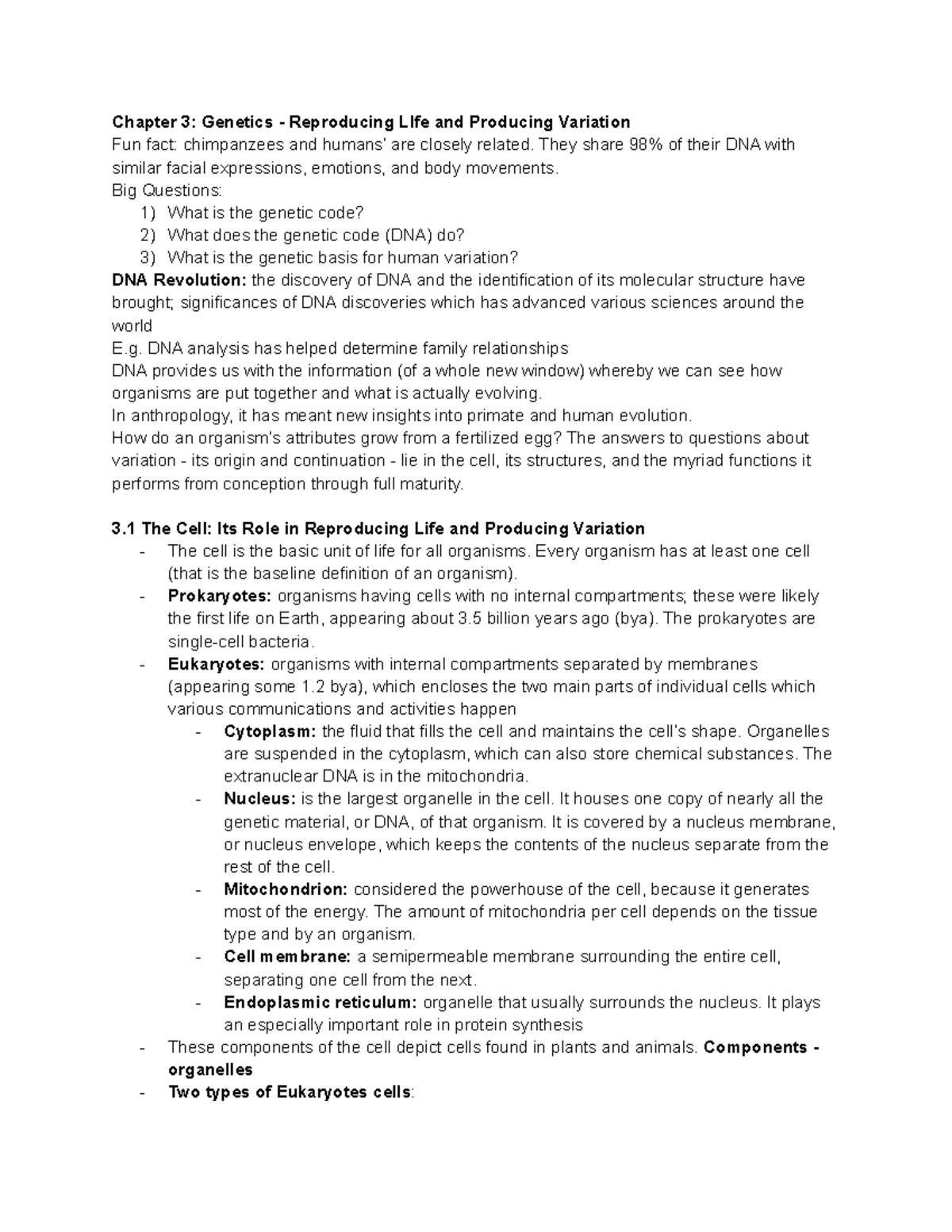 ANTH 1B Notes - Our Origins - Chapter 3: Genetics - Reproducing LIfe ...