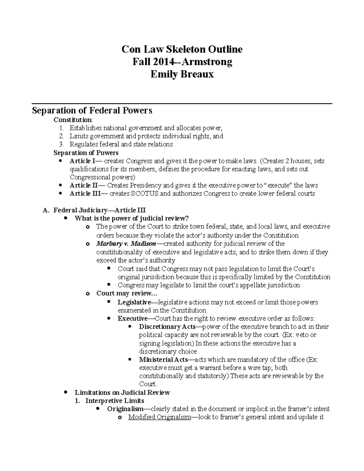 Con Law Skeleton (EB 2014 ) copy - Con Law Skeleton Outline Fall 2014 ...